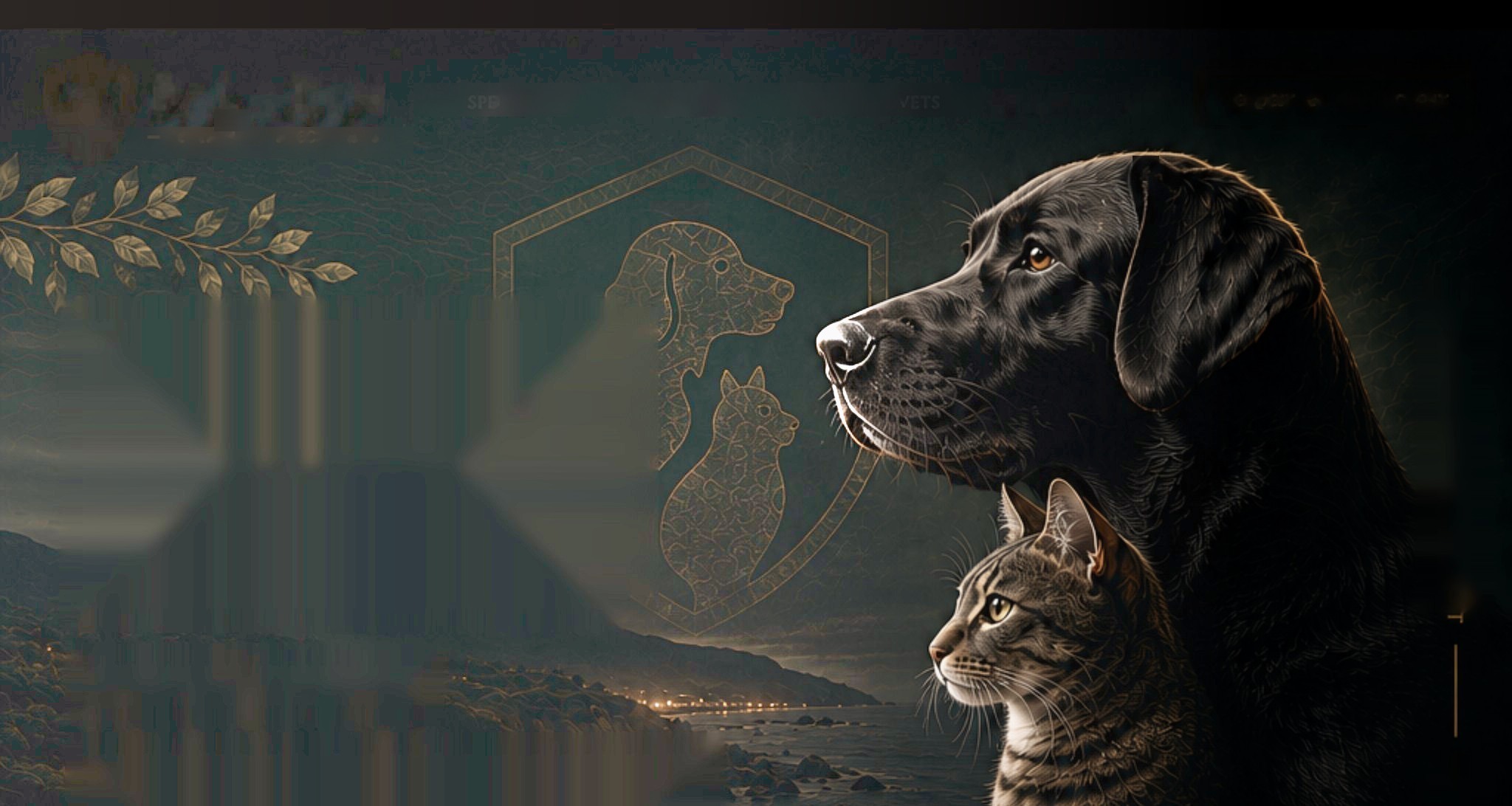 A black Labrador and a tabby cat at dusk above the Santa Barbara coastline.